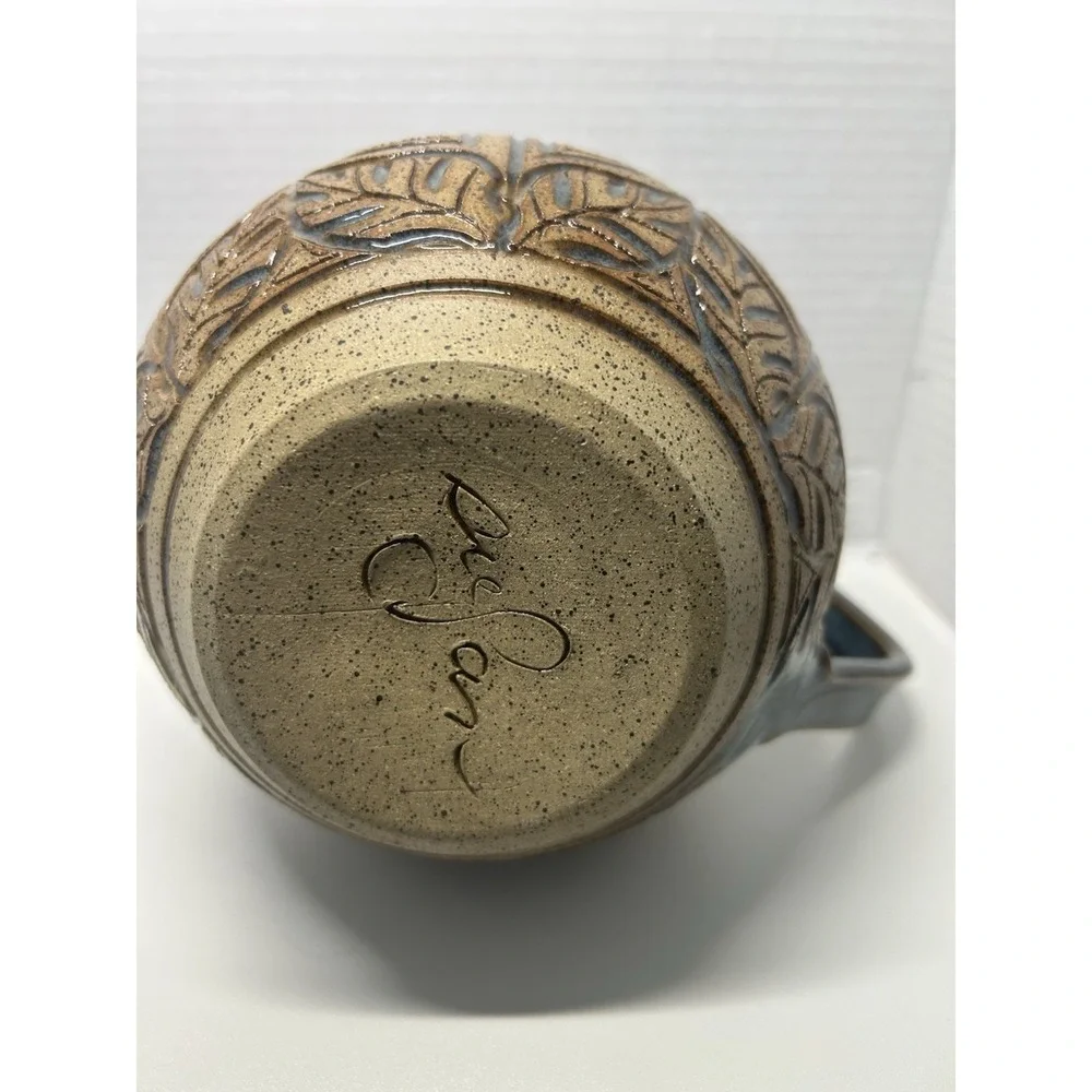 Susan Brown Freeman Incised Monstera Studio Pottery Pitcher 7 1/2